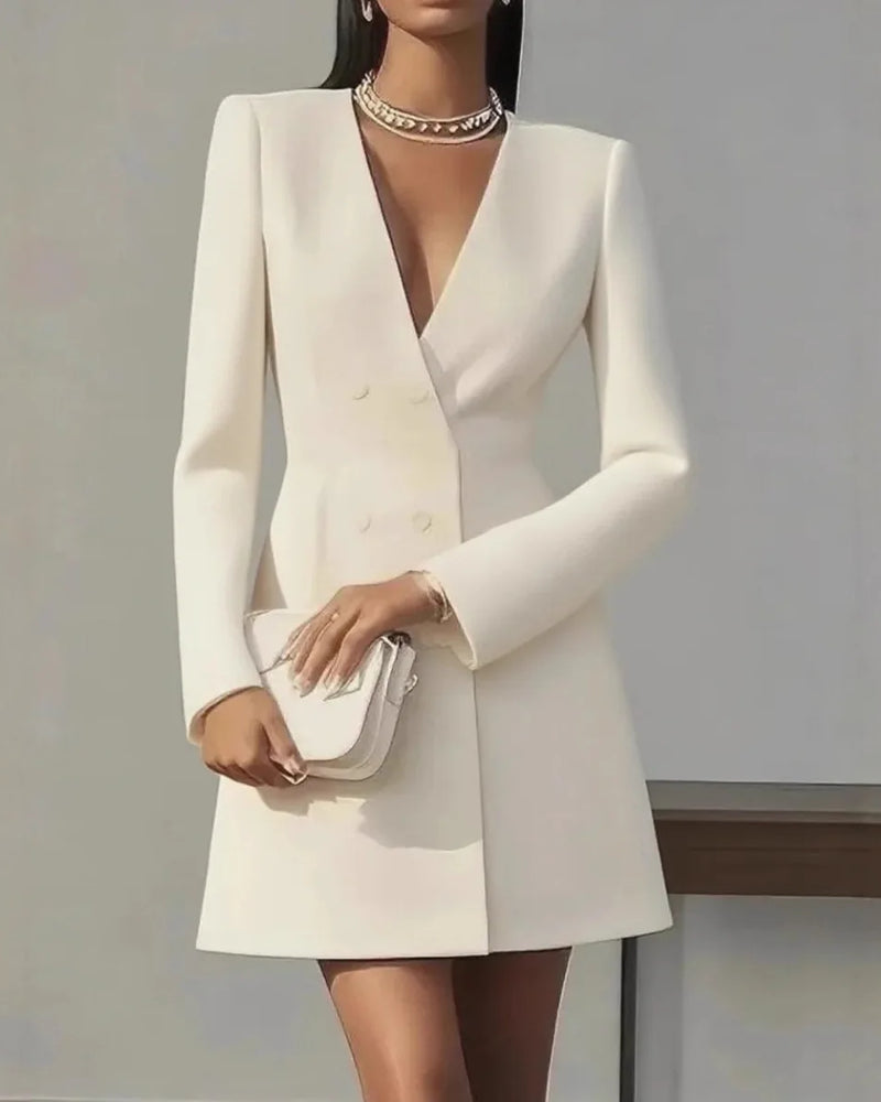 Autumn Double Breasted Solid Color V-Neck Office Suit French Long Sleeved Elegant Slim Fit Blazer Dress for Woman