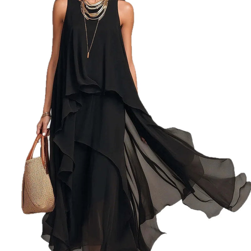 2026 new black sleeveless irregular chiffon long dress with elegant temperament for women