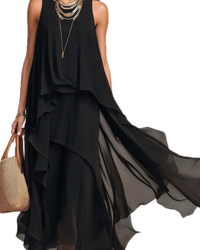 2026 new black sleeveless irregular chiffon long dress with elegant temperament for women