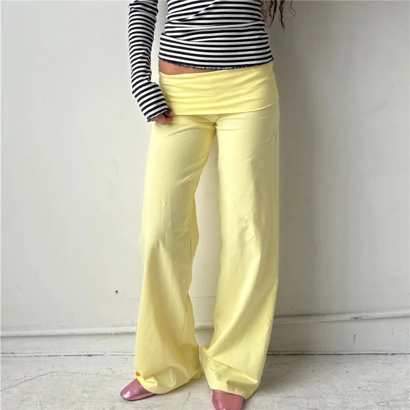 Women Wide Leg Pants Solid Color Fold Over Waist Casual Trousers Spring Fall Loose Sweatpants Bottoms Y2K Streetwear