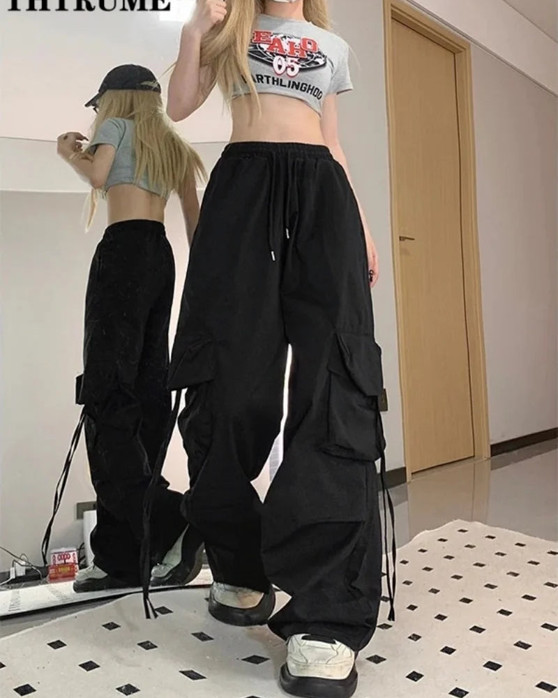 Retro Vintage High Street Baggy Pants Fashion Women Oversized Drawstring Pocket New Pant Casual Streetwear Loose Jogger Trousers