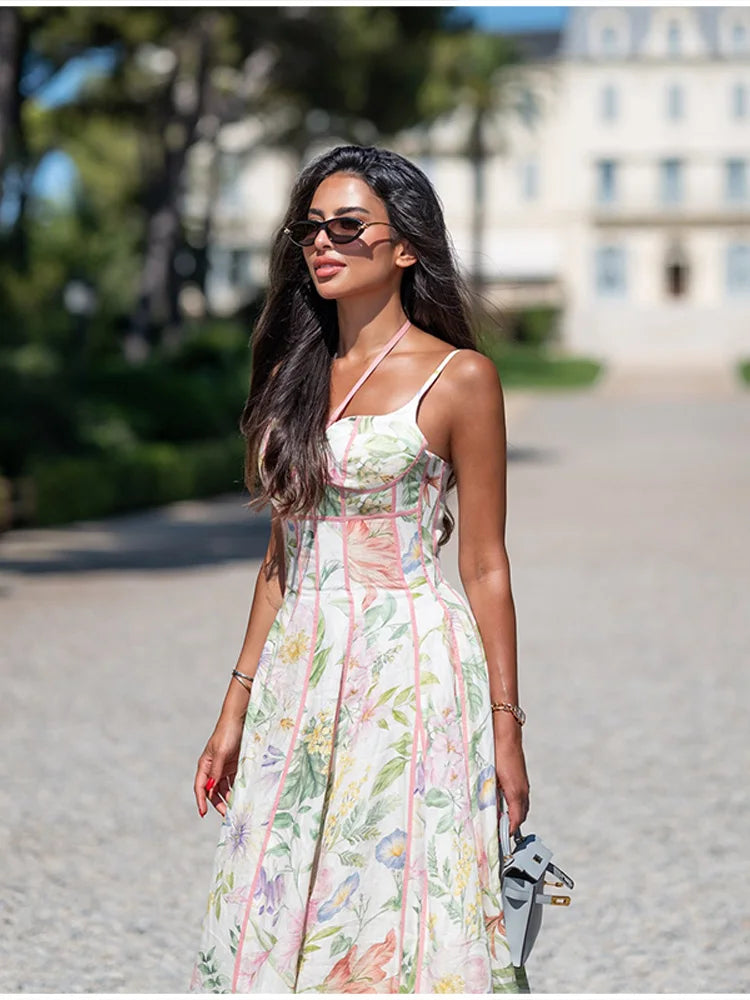Women's Retro Floral Print Corset Maxi Dress Sexy Sleeveless Halter Neck Flowy Long Dress Lady Summer Vacation Dating Streetwear