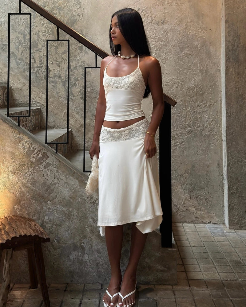 White Lace Patchwork 2 Piece Dress Sets Sexy Halter Short Tanks+A-line Skirts Women Sets Summer New Women Holiday Beach Outfits