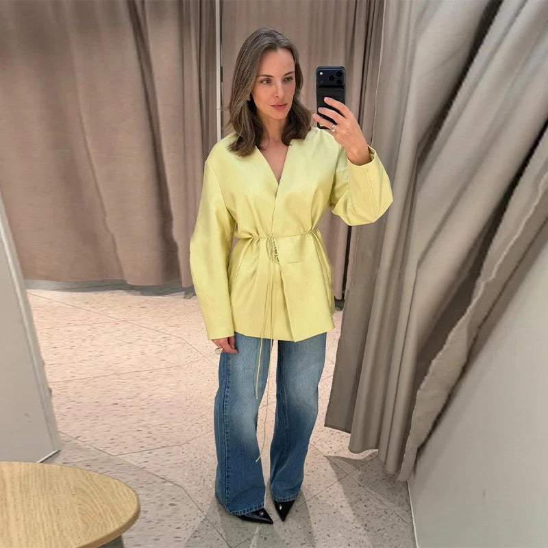 Solid Lace up Coat Long Pants Lady Set V-Neck Long Sleeve Jacket High Waist Straight Trousers Casual Women's New Sets Streetwear
