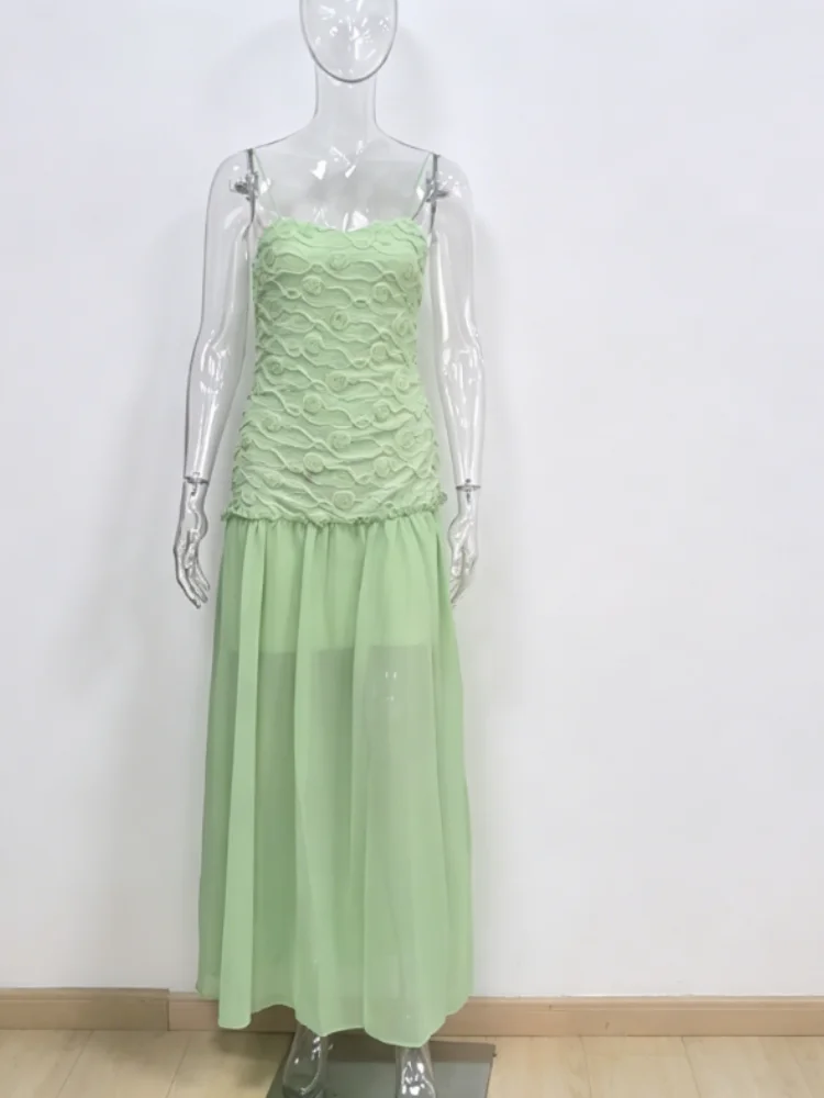 Chic Light Green Strapless Gown Floral Textured Bodice Sheer Chiffon Maxi Skirt 2026 Coquette Beach Vacation Evening Dress New