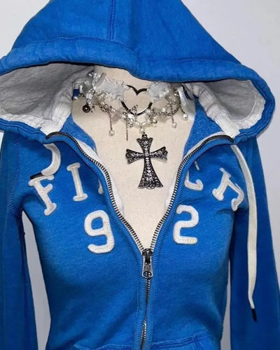 2025 new blue sweatshirt for women fall and winter gothic American retro casual bulk streetwear Y2K design Slim cardigan jacket