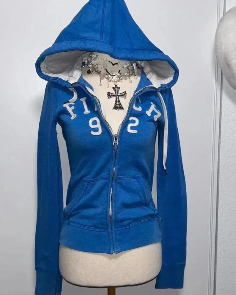 2025 new blue sweatshirt for women fall and winter gothic American retro casual bulk streetwear Y2K design Slim cardigan jacket