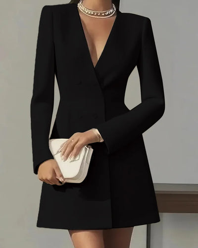 Autumn Double Breasted Solid Color V-Neck Office Suit French Long Sleeved Elegant Slim Fit Blazer Dress for Woman