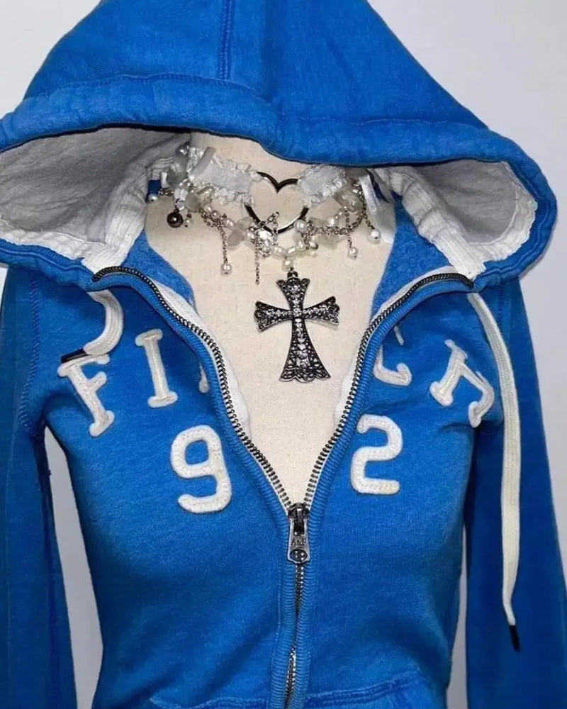 2025 new blue sweatshirt for women fall and winter gothic American retro casual bulk streetwear Y2K design Slim cardigan jacket