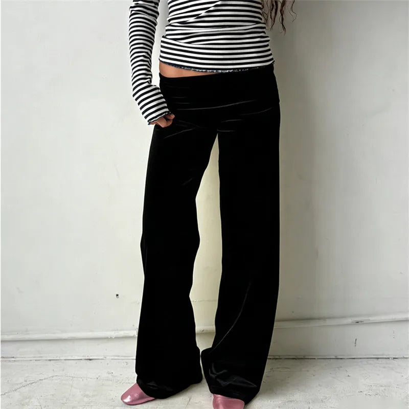 Women Wide Leg Pants Solid Color Fold Over Waist Casual Trousers Spring Fall Loose Sweatpants Bottoms Y2K Streetwear