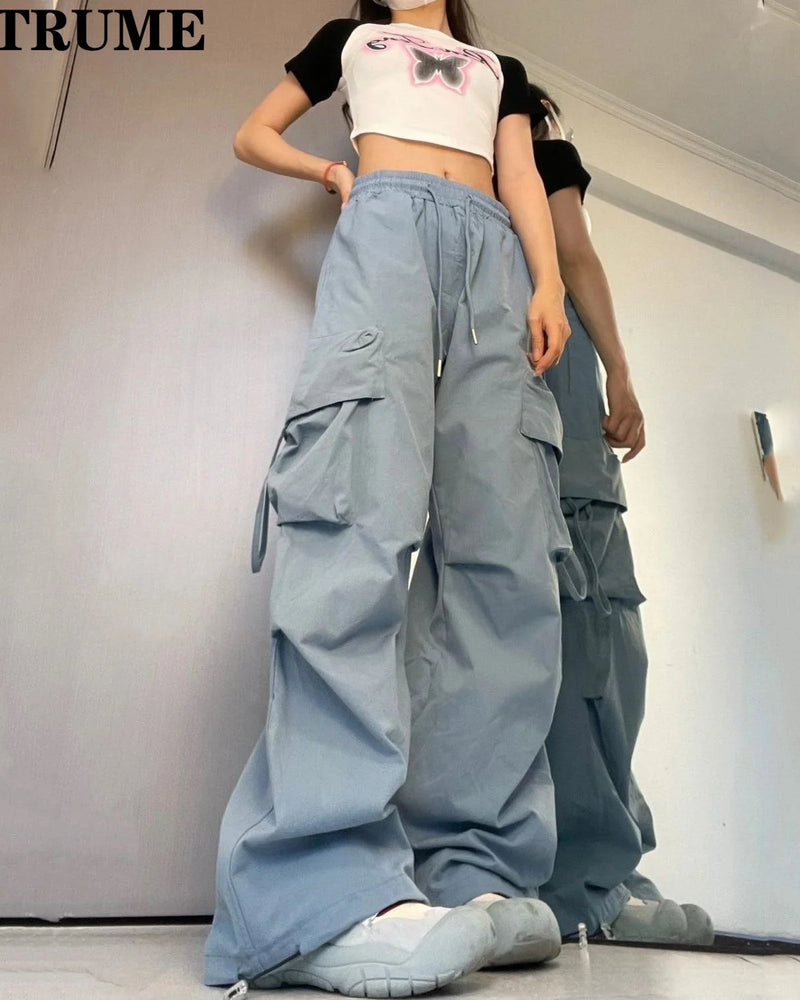Retro Vintage High Street Baggy Pants Fashion Women Oversized Drawstring Pocket New Pant Casual Streetwear Loose Jogger Trousers