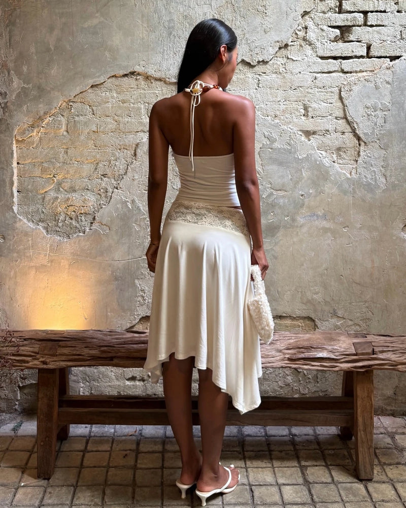White Lace Patchwork 2 Piece Dress Sets Sexy Halter Short Tanks+A-line Skirts Women Sets Summer New Women Holiday Beach Outfits