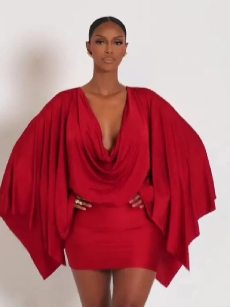 Women Elegant Sexy V-neck Dresses Retro Solid Spliced Flare Sleeve Prom Dress Chic Midnight Club Party Mini Robe New Trendy Gown