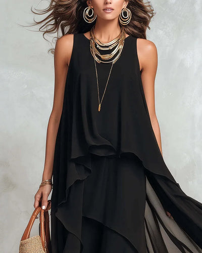 2026 new black sleeveless irregular chiffon long dress with elegant temperament for women