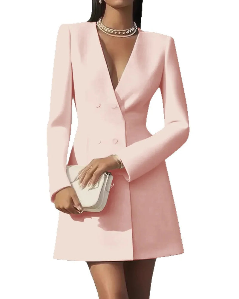 Autumn Double Breasted Solid Color V-Neck Office Suit French Long Sleeved Elegant Slim Fit Blazer Dress for Woman