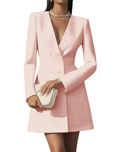 Autumn Double Breasted Solid Color V-Neck Office Suit French Long Sleeved Elegant Slim Fit Blazer Dress for Woman