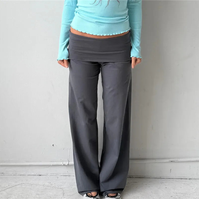 Women Wide Leg Pants Solid Color Fold Over Waist Casual Trousers Spring Fall Loose Sweatpants Bottoms Y2K Streetwear