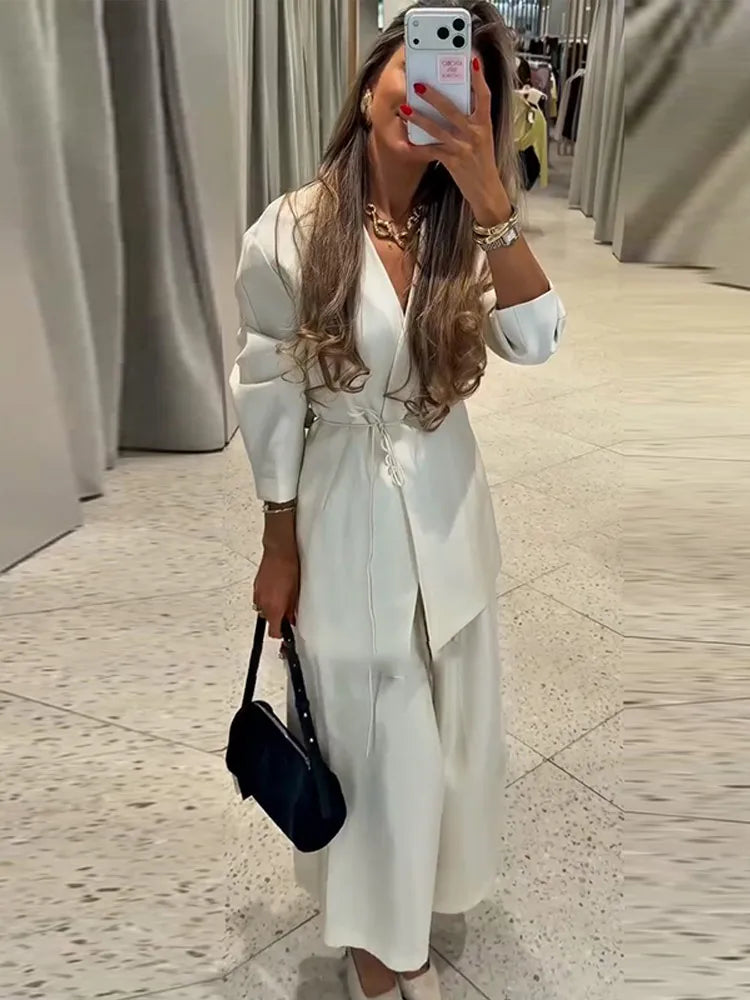 Solid Lace up Coat Long Pants Lady Set V-Neck Long Sleeve Jacket High Waist Straight Trousers Casual Women's New Sets Streetwear
