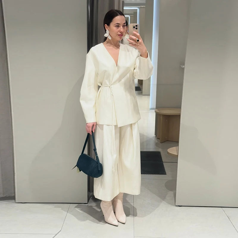 Solid Lace up Coat Long Pants Lady Set V-Neck Long Sleeve Jacket High Waist Straight Trousers Casual Women's New Sets Streetwear