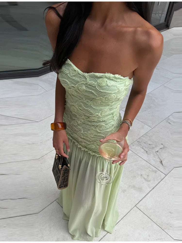 Chic Light Green Strapless Gown Floral Textured Bodice Sheer Chiffon Maxi Skirt 2026 Coquette Beach Vacation Evening Dress New