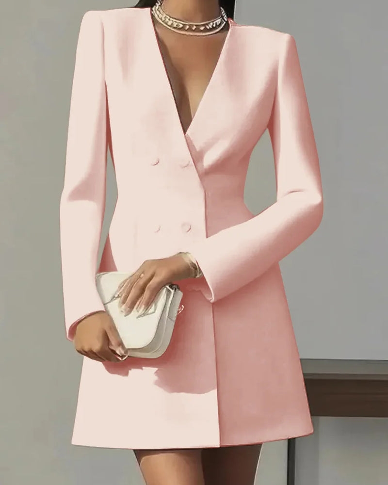 Autumn Double Breasted Solid Color V-Neck Office Suit French Long Sleeved Elegant Slim Fit Blazer Dress for Woman