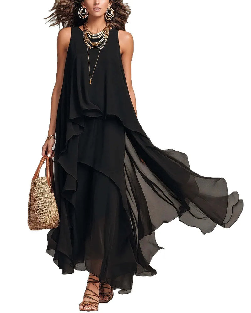 2026 new black sleeveless irregular chiffon long dress with elegant temperament for women
