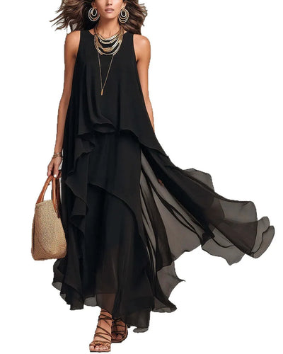 2026 new black sleeveless irregular chiffon long dress with elegant temperament for women