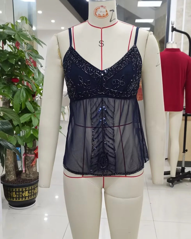 Women Y2K Sequin Beaded Mesh Cami Top Spaghetti Strap V Neck Fitted Sheer Camisole Summer Vacation Going Out Streetwear
