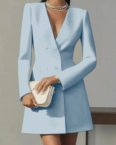 Autumn Double Breasted Solid Color V-Neck Office Suit French Long Sleeved Elegant Slim Fit Blazer Dress for Woman