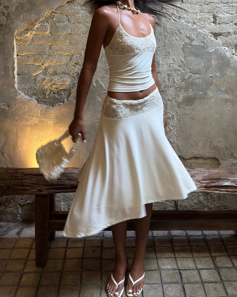 White Lace Patchwork 2 Piece Dress Sets Sexy Halter Short Tanks+A-line Skirts Women Sets Summer New Women Holiday Beach Outfits